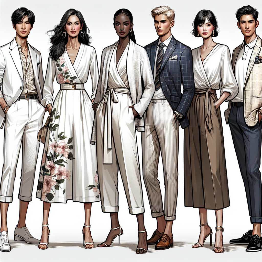 Depict an elegant, fashion-forward scene of a group of graduation guests. There should be six characters, dressed in stylish outfits that would be suitable for a graduation event. Each character is pairing a white jacket with their individual outfits. The first person is a middle-aged, Caucasian woman wearing a floral dress; the second person is a young, Black man in crisp pants and a well-fitted shirt; the third person is an older, Hispanic woman in a sophisticated jumpsuit; the fourth person is a young, Middle-Eastern man in a plaid suit; the fifth person is a mature, South Asian woman in a silk wrap dress; and the sixth person is a young, White man in a casual chinos and polo combination.
