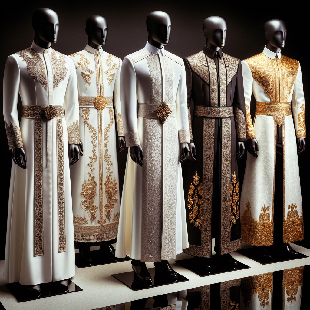 A stunning display of various styles of attires suitable for a priest's ordination, adding elegance and class to the solemn occasion. Imagine a collection of four outfits on mannequins, each representing a different descent: Caucasian, Hispanic, Middle-Eastern, and Black. The clothes should reflect the traditional styles in their respective cultures, demonstrating the diversity and unity of the global religious community. The quality of the fabrics, intricate designs, and fine details such as embellishments should be highlighted, showcasing the beauty and significance of these attires.