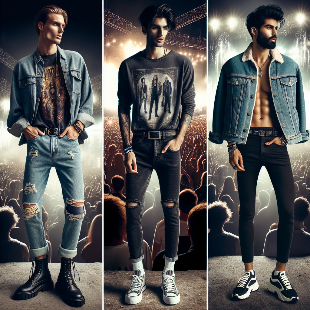 An aesthetic, high-quality image showcasing an array of must-have men's styles for flattering concert looks. Focus on two men; one is Caucasian with a trendy outfit including a distressed band tee, jeans, and leather boots, while his companion, a South Asian man, dons a fashionable look with a denim jacket, a graphic tee, black skinny jeans, and sporty sneakers. Include concert settlement in the background with throngs of people, enchanting lighting, and a stage with musical instruments.