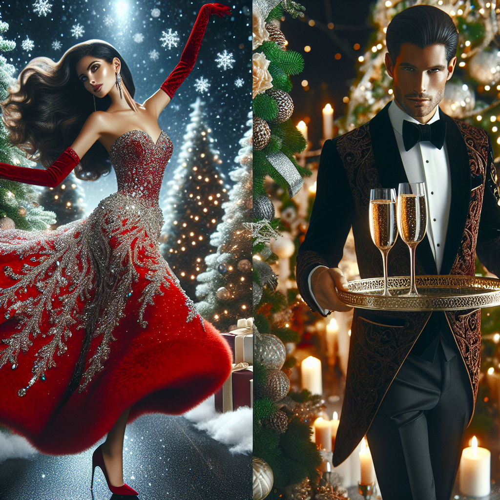 Must-Have Styles for a Stunning Christmas Party Create an image showcasing a variety of stunning Christmas party styles. Include a festive holiday setting abundant with twinkling lights, snow-covered pine trees and a beautifully adorned Christmas tree. Showcase a woman of Middle-Eastern descent wearing a sparkling, full-length red evening gown with intricate silver beading, and a man of Hispanic descent wearing a sharply tailored black tuxedo with velvet lapels. The woman is twirling, spreading joy, and the man is bearing a tray with two champagne glasses. Capture the atmosphere of joy, opulence and holiday celebration.