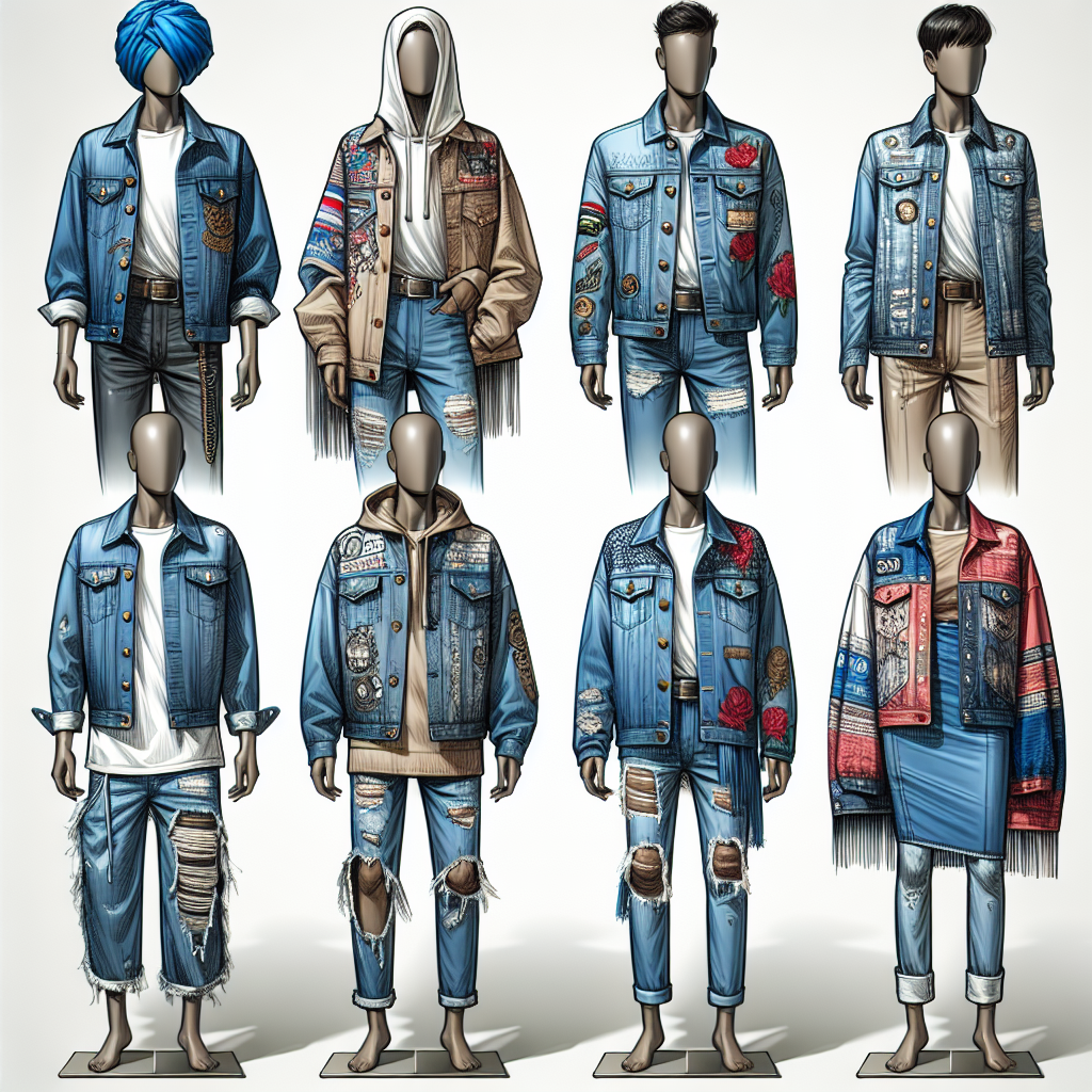 Display a visually appealing variety of designer blue jean jackets. Showcase five different styles: firstly, one with classic denim and brass buttons, secondly a distressed look with frayed edges, thirdly a jacket with high-quality patches of vibrant colors, fourthly one with an oversized and baggy fit, and lastly one with a cropped design and minimalistic accents. Feature each jacket on a mannequin, revolving between drawings of Caucasian, Hispanic, Black, Middle-Eastern, and South Asian ethnically depicted figures. Convey further diversity by having a mix of genders, that is, two male and three female mannequins.