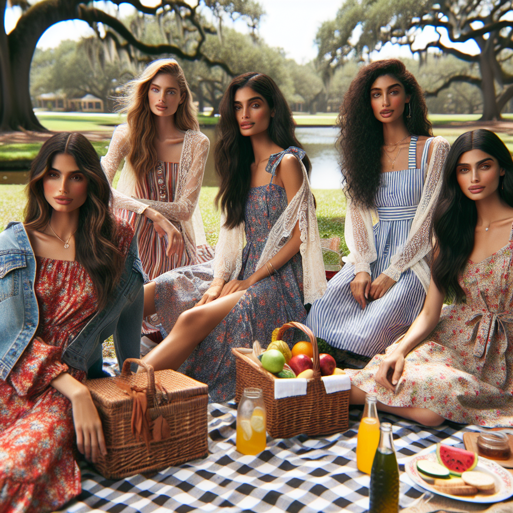 Must-Have Layers for Summer Dresses: Picnic Perfection An outdoor summer scene featuring South Asian and Middle-Eastern women enjoying a picnic. The women are stylishly dressed in various must-have layers for summer dresses, showcasing lightweight, breathable fabrics and vibrant colors. One woman is wearing a floral dress layered with a lace cardigan, another woman is wearing a striped sundress paired with a denim vest. The picnic setting includes a vintage checkered blanket, a wicker basket filled with fresh fruits and sandwiches, and vintage soda bottles. The background is a serene park with large oak trees and a sparkling pond.