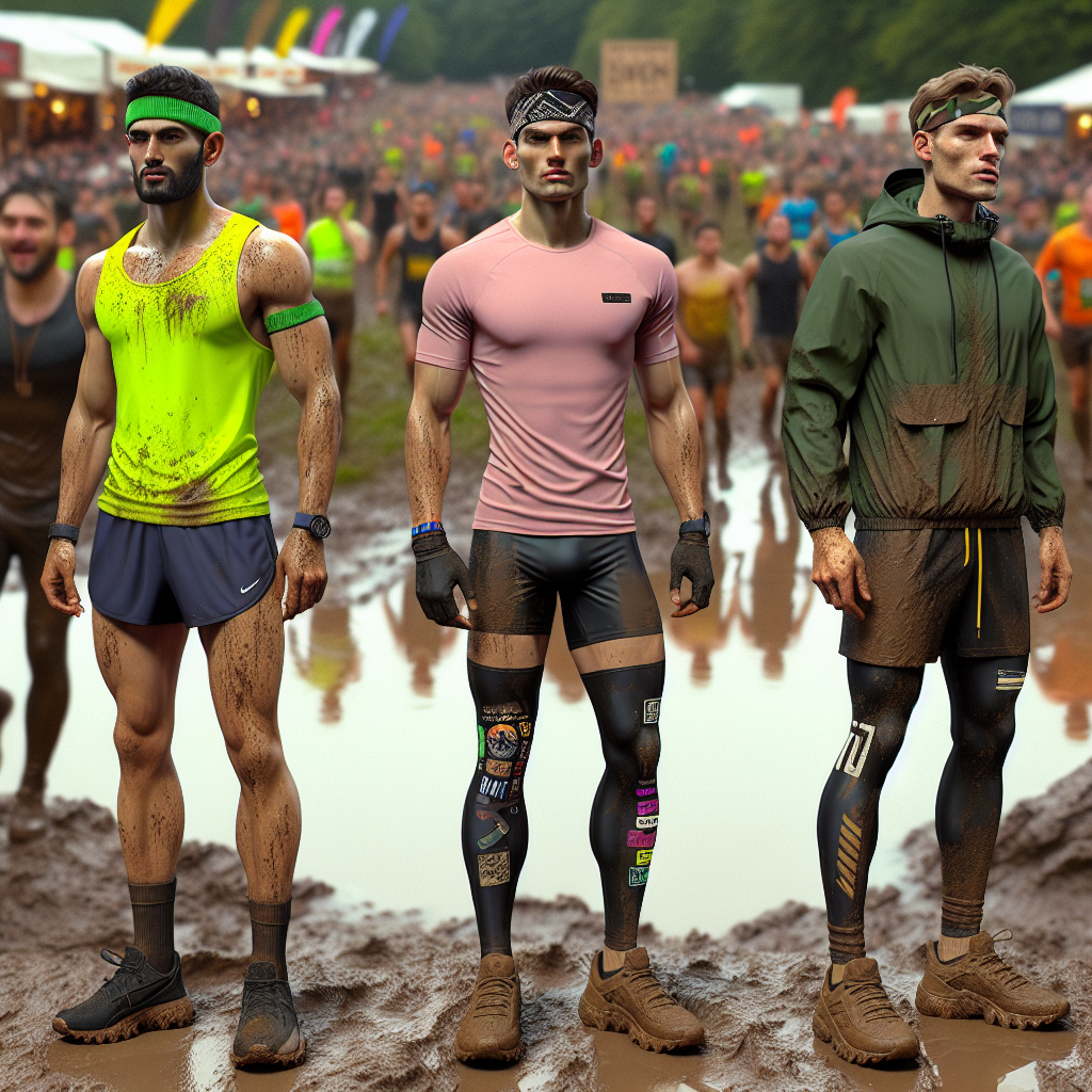 Stunning Mud Run Outfits: Effortless Style & Comfort Imagine a bustling scene at a mud run event. There are three participants, each showcasing unique and stylish outfits optimized for comfort and agility. The first person is a Middle-Eastern male in a neon yellow tank top and sleek navy blue shorts, thick-necked running shoes, and a mud-splattered headband. The second person is a Hispanic female athletically clad in a pink breathable t-shirt, running leggings with assorted graphic designs, and sturdy brown trail shoes. Finally, a Caucasian man in his late thirties wearing a lightweight green windbreaker, black quick-dry capri tights and muddy trail running shoes, complete his outfit with a camouflaged bandana. The muddy pathway and the excitement of the crowd are in the background, giving the scene an energized atmosphere.
