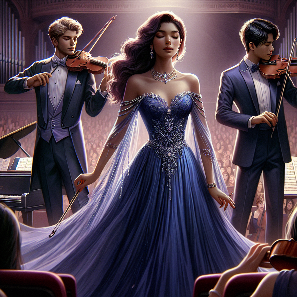 Envision a school concert scene in which the performers are decked in stunning, effortless style outfits. Picture a female performer of Hispanic descent in a flowing sapphire blue dress with intricate silver trim, and a male performer of Caucasian descent in a charcoal grey tuxedo, their clothing echoing the energy and excitement of the music. Next to them is a South Asian descent violinist in a sophisticated plum tinted suit. The background includes a grand piano, a violin stand, and a conductor's podium to hint at the school concert. The audience delights in the vision of these performances.