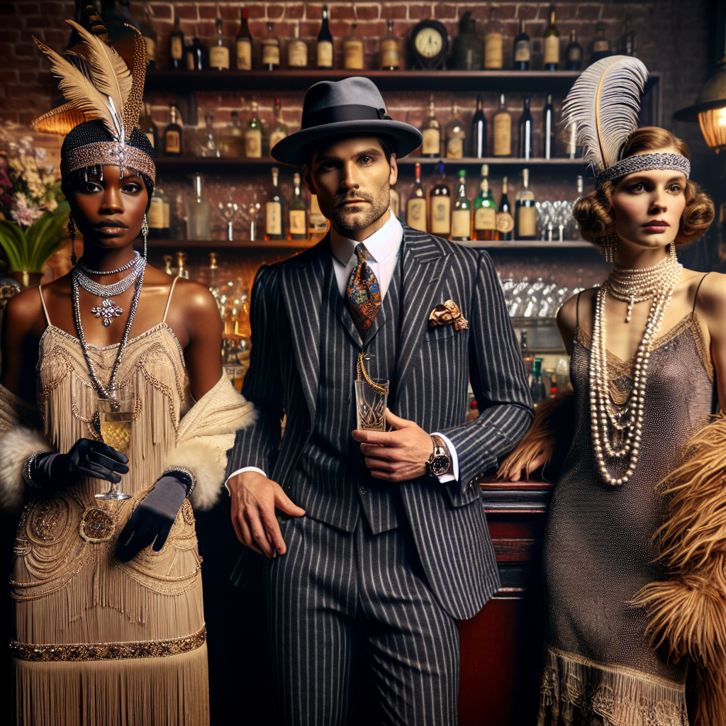 Dress to Impress: Stunning Outfits for Speakeasy Nights Imagine an exquisite scene set in a hidden speakeasy during the 1920s Prohibition Era. On display are three individuals demonstrating their impressive outfits. The first person, an African American lady, is adorned with a lavish flapper dress, ornate headband, and vibrant jewelry. Standing beside her is a Hispanic man in a finely tailored, pinstriped suit, paired with a stylish fedora and a vintage pocket watch. Finally, there's a Caucasian woman in a sophisticated, beaded slip dress, complemented by a delicate feather boa and intricate pearl necklaces. Each detail captures this era's unique fashion and clandestine elegance.