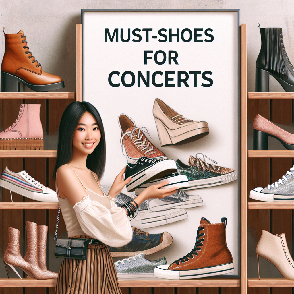 Visualize an array of trendy and comfortable shoes suitable for concerts. Depict a variety of styles like boots, sneakers, and flats being displayed on wooden shelves, each reflecting a unique concert-ready aesthetic. They should include different textures and patterns such as leather, suede, metallic, and animal prints. A clean, bright, and modern background is to be seen. At the foreground, show a chic and fashionable East Asian woman, with a warm smile, examining a pair of the trendy sneakers. Dress her up in a stylish and casual outfit appropriate for a concert. Include a title text reading: 'Must-Have Shoes for Concerts: Effortless Style Guide'.