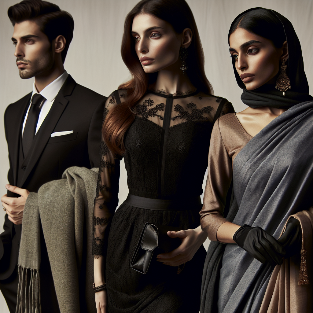 Focus on creating a well-curated selection of outfits suitable for a solemn occasion like a funeral. Include an array of styles that encompass different climates, cultures, and personal preferences. Consider some outfits such as an elegant black dress with subtle laced details for a Caucasian woman, a dark, conservative suit for a Middle-Eastern man, and a beautifully draped saree in muted colors for a South-Asian woman. Think about submitting an array of accessories like scarves, hand gloves, or hats to complement the attire and that reflect respective cultures and traditions. The styles should represent a perfect balance between cultural roots and modern elegance.