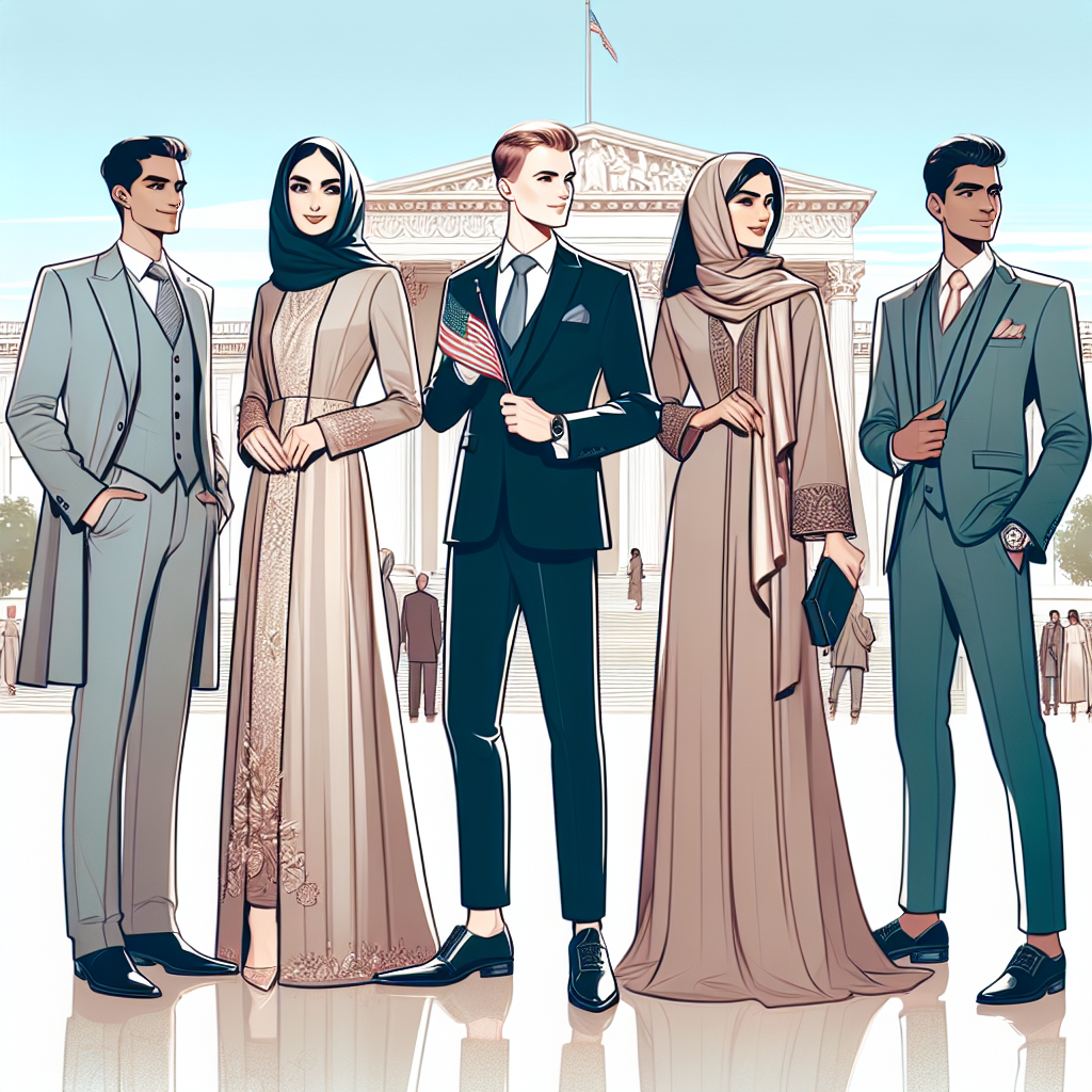 Illustrate an array of elegant outfits suitable for a citizenship ceremony. Depict individuals of varied descents such as a Hispanic woman in a tastefully grand dress, a Caucasian man in a sharp tailored suit, a Middle-Eastern woman in a modern and chic ensemble, and a South Asian man in a traditional yet modern outfit. Capture these individuals in joy and pride, standing under a blue sky and near a symbolic building, possibly a government institution, each holding a small flag of their new country.