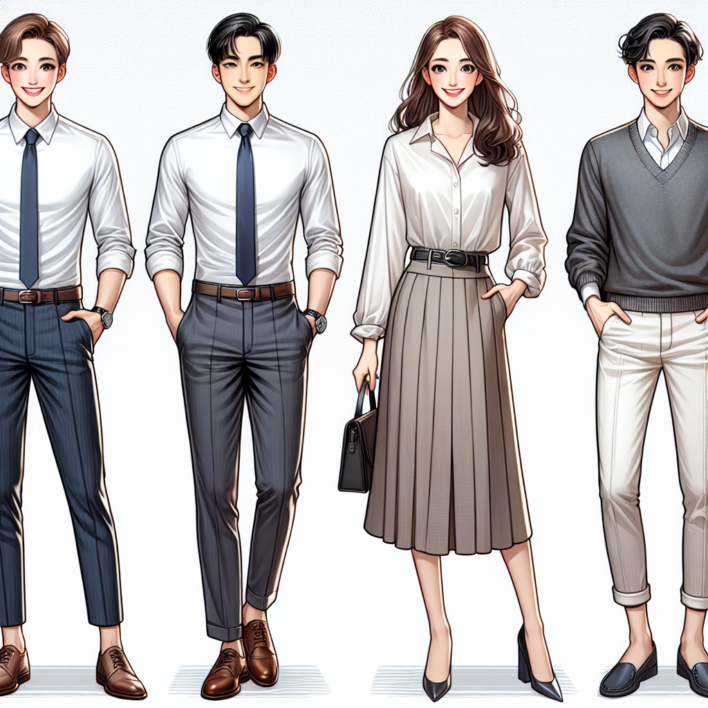 Generate an image display of best interview attire suitable for individuals aspiring to be teachers. Picture a young South Asian man wearing a crisp, button-up shirt paired with dark, professional slacks and leather shoes. Beside him, visualize a Caucasian woman in a refined blouse, A-line skirt, and matching heels. Additionally, include a Middle-Eastern individual presenting a smart-casual look consisting of a stylish sweater over a collared shirt with chinos and comfortable flat shoes. These individuals should display confident smiles, indicating their readiness for the teaching interview. The background should be a modern, minimalist setting to keep the focus on their attire.