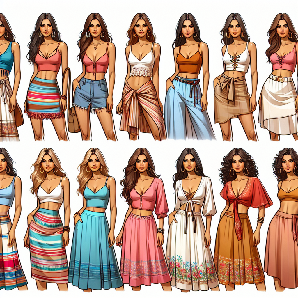 Visualize a selection of fashionable tops that look great with sarong skirts. Display a variety of tops in different styles: crop tops, blouses, and tank tops that are perfect for various occasions. Show some of the tops in solid colors, some with patterns. Include sarong skirts in different materials and colors to match. Also, include the representation of a few women of different descents such as Hispanic, Caucasian, and Middle-Eastern, showcasing these tops with sarong skirts to give readers inspiration for their own sarong skirt style. These women should have different body types and be styled in a contemporary, elegant fashion.
