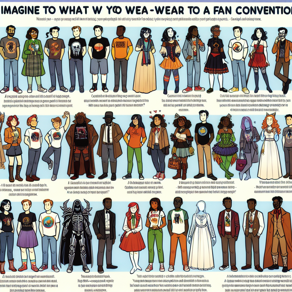 What to Wear to a Con: Must-Have, Respectful Picks Imagine an illustrated guide for what to wear to a fan convention. On the card, depict a diverse crowd of people of various descents including Asian, Black, Caucasian, Middle Eastern, and Hispanic, dressed in different styles of clothing. The clothing should be comfortable, colorful, and themed according to popular genres such as sci-fi, fantasy, and comics. From a nerdy graphic t-shirt, a comfortable pair of jeans, a whimsical costume inspired by a book character, to an accessory that pays homage to a favorite video game, these items should cover a wide range of fandom fashion. However, all outfits must subtly emphasize the importance of respect and acceptance, avoiding cultural appropriation or offensive stereotypes. Showcase a fun, inclusive and respectful atmosphere.