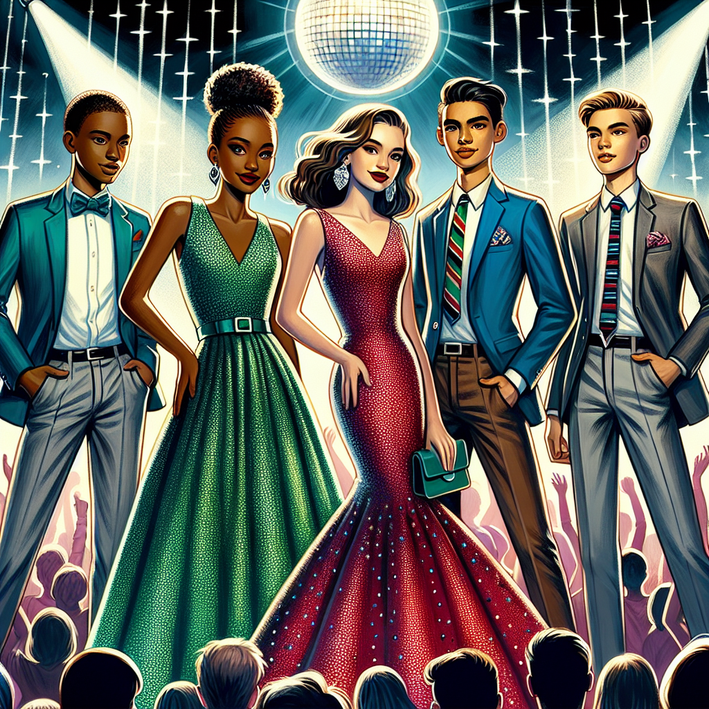 School Dance Style: Discover Your Perfect, Stunning Look An imaginative scene of a high school dance, spotlighting four students who are displaying their unique styles and confident expressions. The first student, a Black female, is wearing a sparkling emerald green dress with a matching purse. The second, a Hispanic male, dawns a semi-formal blue suit, crisp white shirt, and a striped tie. The third, a South Asian female, is elegantly adorned in a floor-length ruby red gown. The fourth, a Caucasian male, is seen in a sophisticated charcoal grey suit. A lively crowd of their peers fills the background under a disco ball, creating a vibrant spirit of celebration.