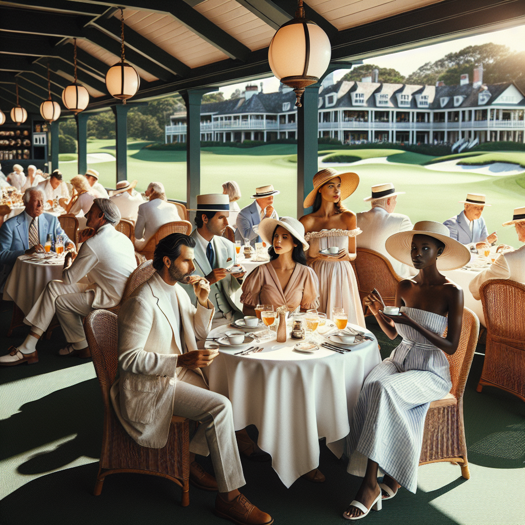 Imagine a bustling classic country club luncheon. The atmosphere is filled with chatter and clinking of utensils against porcelain plates. The scene presents stylish people partaking in the event; a Middle-Eastern man is dressed in a light beige linen suit, a Hispanic woman wearing a pastel sundress with floppy sunhat, a South Asian man in a white polo and tailored khaki pants, and a Black woman elegantly dressed in a white and navy striped jumpsuit. In the backdrop, beautiful green golf course brightened by midday sun and a tastefully decorated dining area featuring round wooden tables covered with pristine white tablecloths.