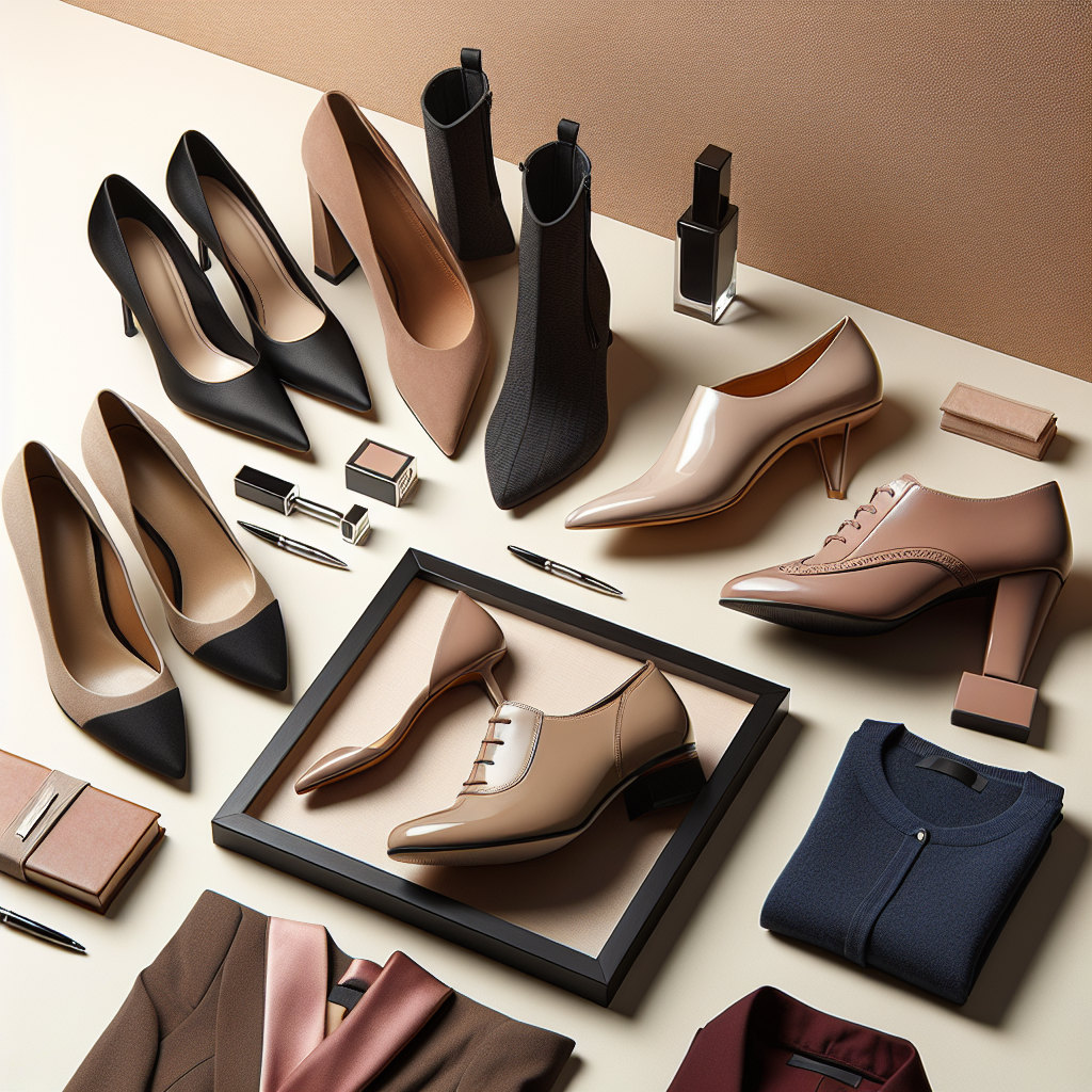Display a wide range of elegant shoes suitable for interviews that every woman must have. Include a variety of different styles, material, and colors. In the image, visualize a sleek black pump, a classy nude flat, a chic maroon ankle boot, and a sophisticated navy blue loafer. Each shoe should reflect qualities of elegance, professionalism, comfort, and versatility. The background should be subtle and complementary to the shoes, perhaps a soft, neutral color. Keep the focus on the footwear so detailing of each shoe is essential.