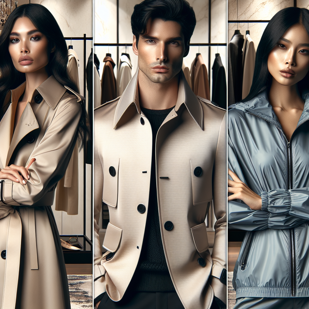 A chic and stunning rainwear collection displayed in a high-end fashion boutique. The image should feature three types of rainwear - a sophisticated trench coat worn by a Hispanic woman, a classic rain jacket worn by a Middle Eastern man, and a modern waterproof windbreaker styled by a South Asian woman. Each individual has a confident and effortless manner, expressing the functionality and fashion of these choices. Background elements include sleek display racks and a soft, overcast light simulating a rainy day ambiance. Pay attention to the texture, colors, and patterns of each rainwear to highlight their uniqueness and elegance.