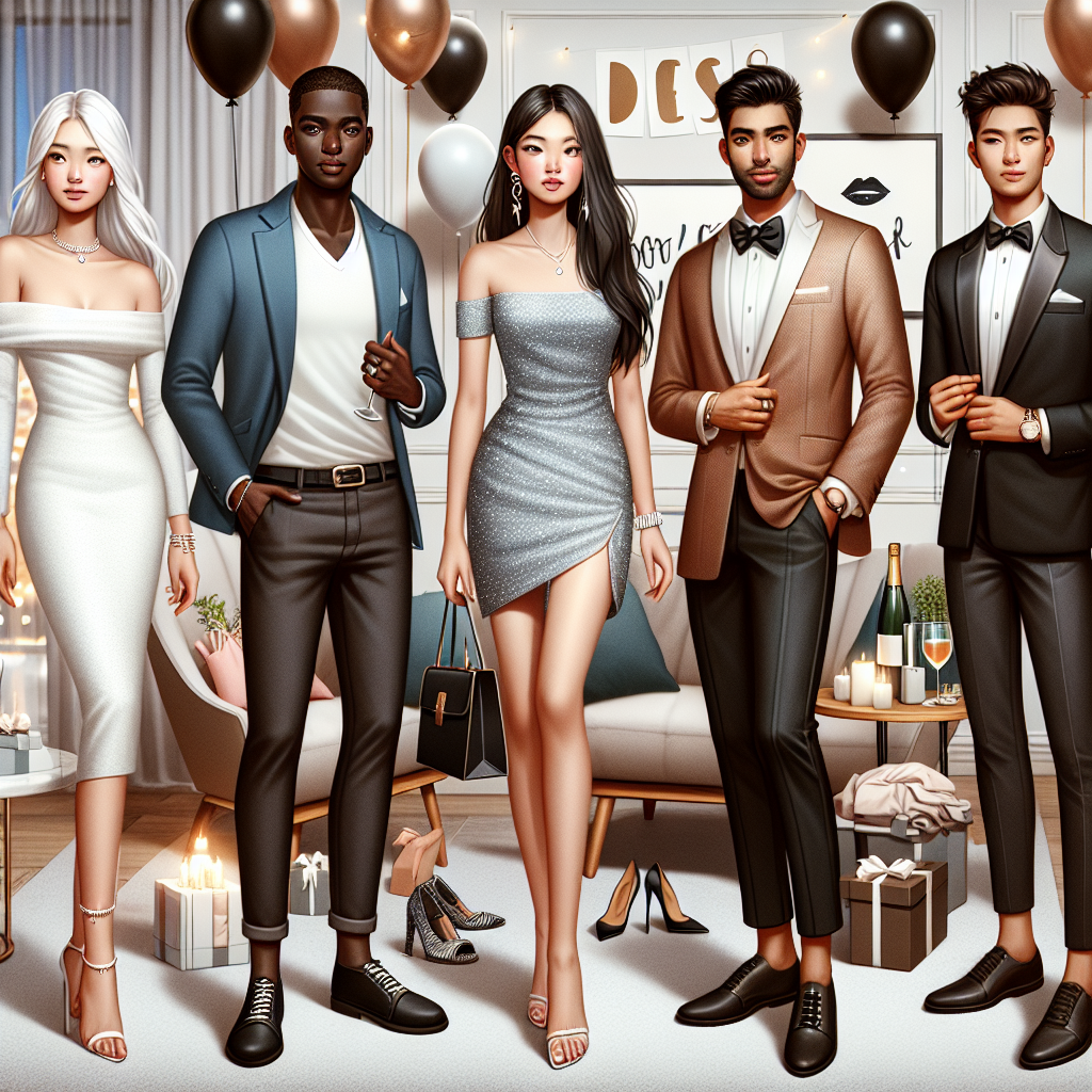 Create an image showcasing a diverse range of people preparing for a proposal party, sporting must-have looks. Include an East Asian woman wearing a sophisticated cocktail dress, a Black man donning a smart-casual blazer with chinos, a Hispanic male in a contemporary tuxedo, and a White female wearing a fashionable jumpsuit. Add accessories to complete their looks such as shoes, jewelry, or handbags. The setting is a stylish room filled with balloons and celebratory decorations, with a sense of anticipation and excitement for the upcoming proposal.