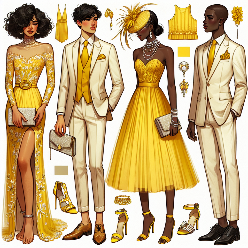 A collection of remarkable outfits focused on a yellow dress designed for weddings. Visualize the first outfit with a Middle Eastern woman in a brilliantly embroidered yellow maxi dress, paired with a delicate silver clutch and intricately designed strappy heels. In the second, envision a Hispanic man in a tailored cream suit with a vibrant yellow pocket square and tie, accompanied by polished brown brogues. Lastly, depict a black woman donning a short, playful yellow cocktail dress with a feathered fascinator, elegant gloves, and pearl accessories, completing her outfit with high-heeled sandals.