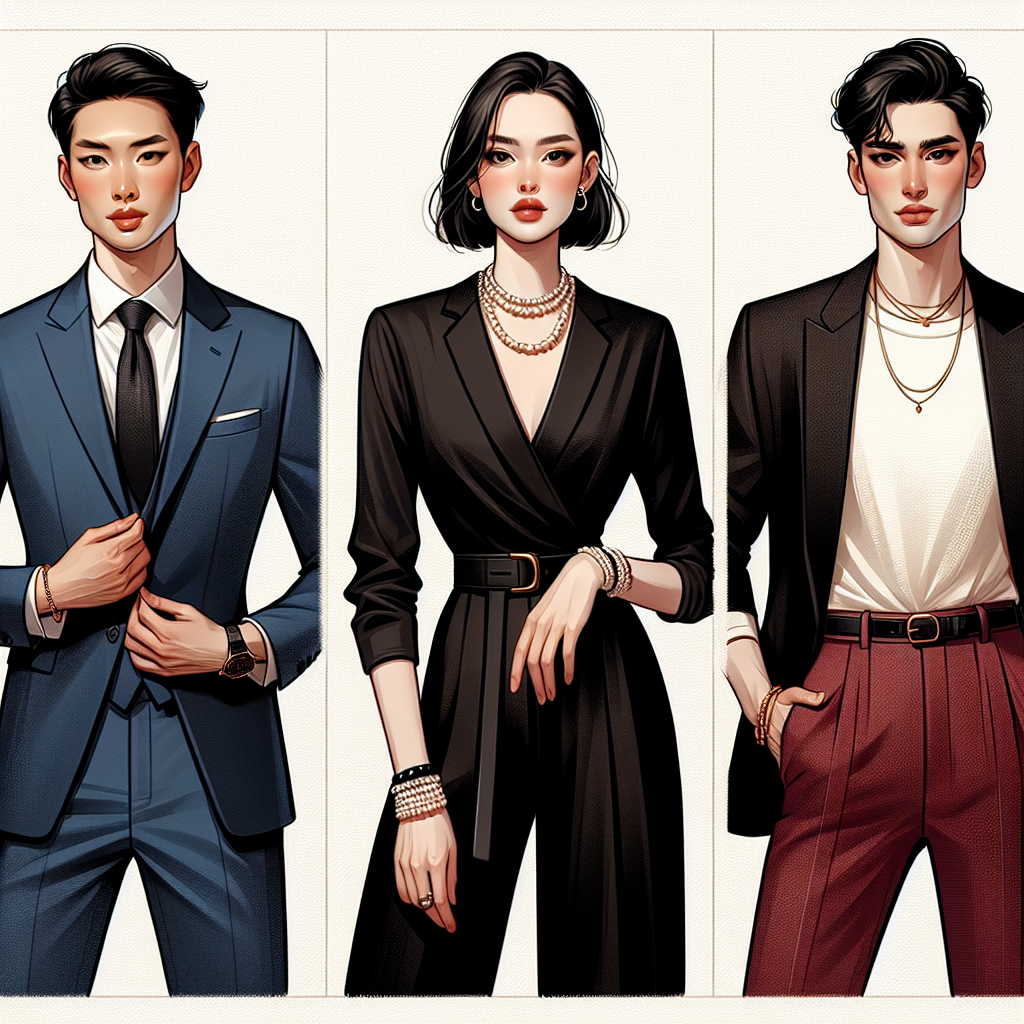 Must-Have Interview Outfits for Effortless Style Create an engaging image depicting three distinct must-have interview outfits that exemplify effortless style. The first is worn by an Asian male in his 30s in a sharp blue suit with a crisp white shirt, and a matching tie. The second outfit is displayed by a White female in her early 20s wearing a sophisticated black dress paired with classic pearl accessories. The third outfit illustrates a Middle-Eastern non-binary person in their 40s sporting a trendy and professional-looking ensemble of a rich red blazer, high-waisted black pants, and a simple yet stylish gold necklace. All three individuals are shown in confident, relaxed postures, evoking the perfect balance of professionalism and effortless style.