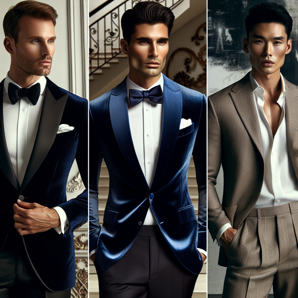Gala Style Guide: Stunning Looks for Men An array of three elegant looks for men, showcased by stylish male figures of diverse descent. Look one: a classic black tuxedo, complete with a bow tie and pocket square, worn by a Caucasian man. Look two: an attractive Hispanic man flaunting a royal blue velvet suit, paired with a crisp white shirt. Look three: an Asian man wearing a taupe-colored tailored linen suit, with trendy open-collar shirt underneath. All three are in a luxe setting, such as a grand staircase or a chic minimalist lobby, that exudes the aura of a Gala night.