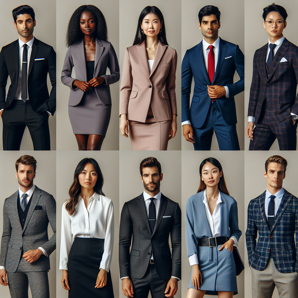 Dress to Impress: Stunning Outfits for Your Interview An array of diverse individuals dressed in professional attire for job interviews. The outfits range from a sharp black suit with a crisp white shirt and red tie worn by a Hispanic male, to a tailored blush two-piece suit worn by a Middle-Eastern female. A South Asian man adorns a smart navy blazer paired with khaki trousers, while an East Asian woman flaunts a fitted charcoal-gray skirt suit. A white woman wears a vibrant royal blue dress with a sleek black blazer. A black man is dressed in a cool-toned plaid three-piece suit. The individuals display confidence and readiness, underscoring the importance of dressing well for professional settings.