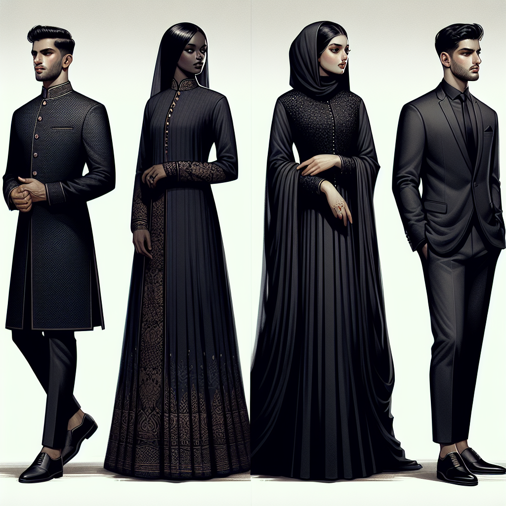 Stunning Outfits for Funerals: Dignified & Elegant Showcase four different, stunning funeral outfits, elegantly designed to respect the solemnity of the occasion. The first outfit is worn by a South Asian man, featuring a traditional-style deep black sherwani. The second outfit is adorned by a Black woman in a tasteful, black Anarkali dress conveying grace and dignity. The third outfit illustrates a Middle-Eastern woman in an elegant, black abaya combined with a softly draped headscarf. The final outfit is portrayed by a Hispanic man in a formal charcoal-gray suit paired with a black tie and a crisp white shirt, conveying an air of dignified sorrow.