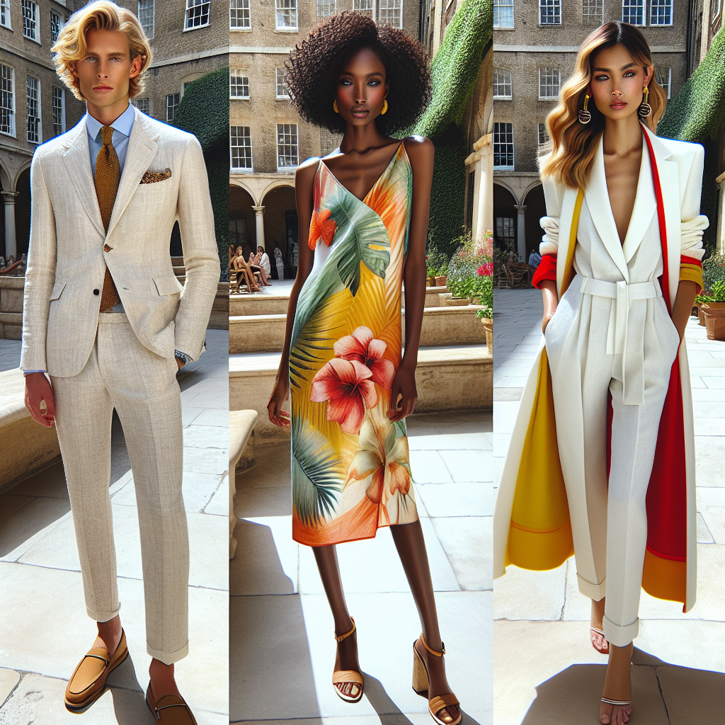 Imagine a beautiful sunny courtyard where three individuals are standing, each donned in stunning summer outfits suitable for interviews. On the left, a blond Caucasian man is dressed in a light-colored linen suit, paired with tan loafers and a relaxed tie. In the middle, a Black woman with her hair in a stylish updo, is wearing a vibrant dress of tropical print, blended with a structured blazer and wedge heels. On the right, a South Asian woman with caramel highlights in her hair has on a cool white jumpsuit accompanied with a contrasting bright overcoat and elegant stilettos. Their style embodies the perfect balance between professionalism and the laid-back spirit of summer.