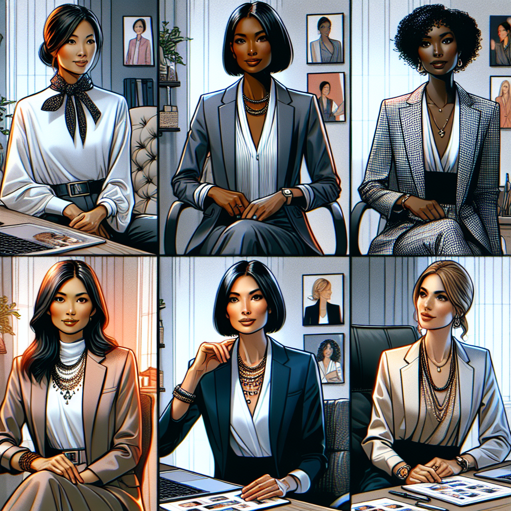 A detailed and vivid image showcasing a variety of stylish and fitting Zoom interview outfits for women. Include scenarios with an Asian woman wearing a neat, business formal attire with a chic blazer and a white blouse, a Black woman wearing a sophisticated business casual top with a patterned scarf, a Caucasian woman wearing a professional-looking monochrome top with a statement necklace. They are in their home offices, lit well with soft lighting, sitting confident but relaxed, their individual styles shining through their chosen outfits. Highlight the tailored clothes, tasteful accessories, and the overall professional yet comfortable appearance.