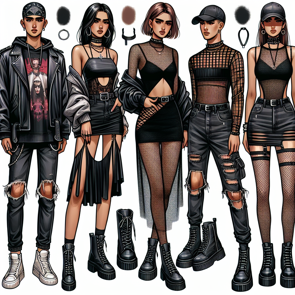 Club Outfit Guide: Stunning Looks for Twenty One Pilots Concert A comprehensive illustration showcasing an array of stylish clubwear suitable for a modern rock concert. Picture one person of Middle-Eastern descent wearing a trendy leather jacket over a graphic tee, black ripped jeans, and cool high-top sneakers. To their side, depict a South Asian individual in a unique cut-out dress with chunky boots and a statement choker. Lastly, visualize a Caucasian person in an edgy all-black outfit - a mesh top, distressed skinny jeans, a cool cap, and a pair of combat boots. All of them should exhibit a vibrant, concert-ready vibe.