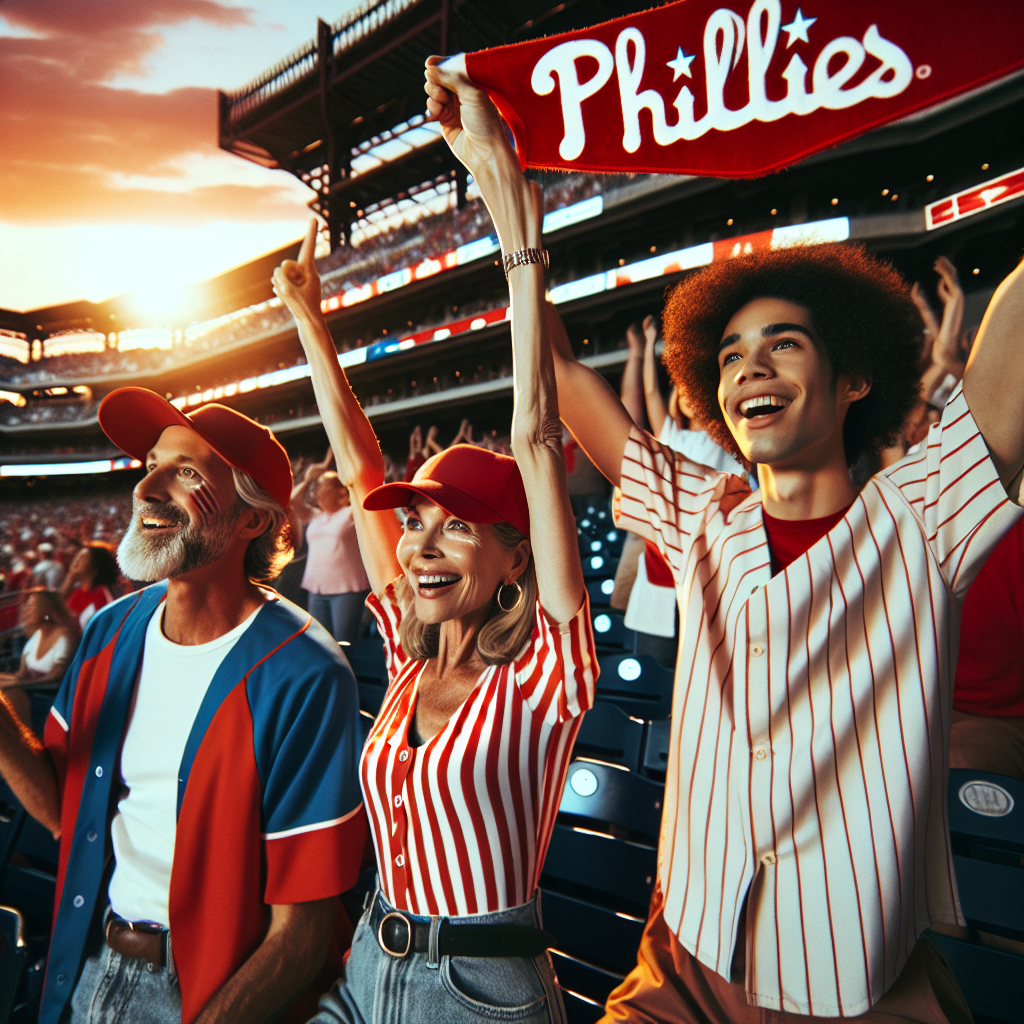 Stunning Outfits for Phillies Game: Best Color Combos An energetic crowd of diverse people cheering at a Phillies game. Foreground focus on three individuals: a middle-aged Caucasian woman wearing a vibrant red and white striped blouse paired with a nifty baseball cap, a young Hispanic man in a stylish blue and red jersey, and a Black teenager girl dressed in a trendy red and white outfit. They're enthusiastically waving Phillies' pennant flags, completely immersed in the lively atmosphere of the game. The setting sun in the background casts enchanting hues over the stadium.