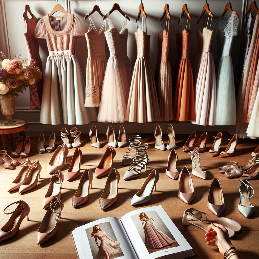 Stunning Shoes for Fit & Flare Dresses: Must-Have Guide Imagine an array of beautifully designed shoes laid against a backdrop of fit and flare dresses. The dresses range in color from summery pastels to warm autumn hues. The shoes vary from classic pumps, ballet flats, to strappy stilettos. The high-heeled shoes have a special shine to them that suggests luxury and utmost quality. The flats carry a neat, practical aesthetic. The setting is an upscale clothing space, with a sophisticated wooden floor and minimalist vases of delicate flowers. Nearby, a guidebook titled 'Must-Have Guide for Stunning Shoes' lies open, beckoning the reader.