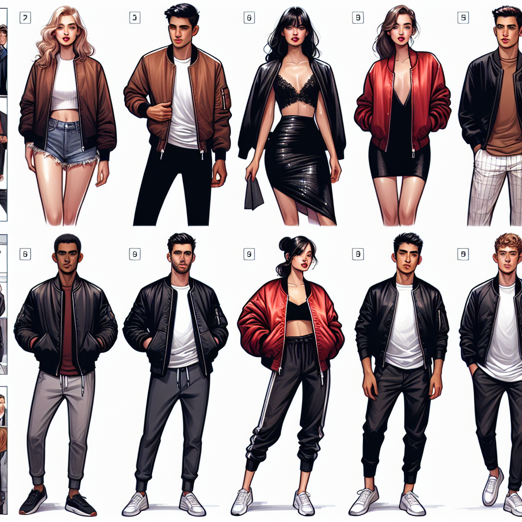 An illustrated style guide demonstrating ideal attire to wear beneath a range of bomber jackets. This includes a variety of fashionable options from a casual denim and white t-shirt ensemble paired with a brown bomber jacket worn by a South Asian male, to a chic little black dress paired with a shiny satin bomber jacket worn by a Caucasian female. Another scene displays a Hispanic woman adorning a sporty look with a jogger and crop top combination, complemented by a bold, red bomber jacket. Lastly, a Middle-Eastern man can be seen in a monochrome outfit with dark gray jeans and matching t-shirt under a black bomber jacket.