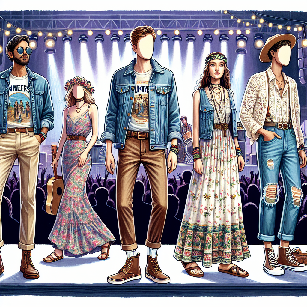 Paint a vibrant scene of a music concert featuring The Lumineers. Display a diverse array of people in their stylish attire. Show a South Asian man wearing a slim fit denim jacket over a printed band t-shirt, a pair of khaki chinos, and brown leather boots. Next to him, a Caucasian woman dons a bohemian flowered maxi dress, a denim vest, and strappy leather sandals. Also, depict a Black woman in high-waist ripped jeans, a white lace crop top, and chuck taylor shoes. Fill the scene with concert-themed elements like stage, lights, and musical instruments.