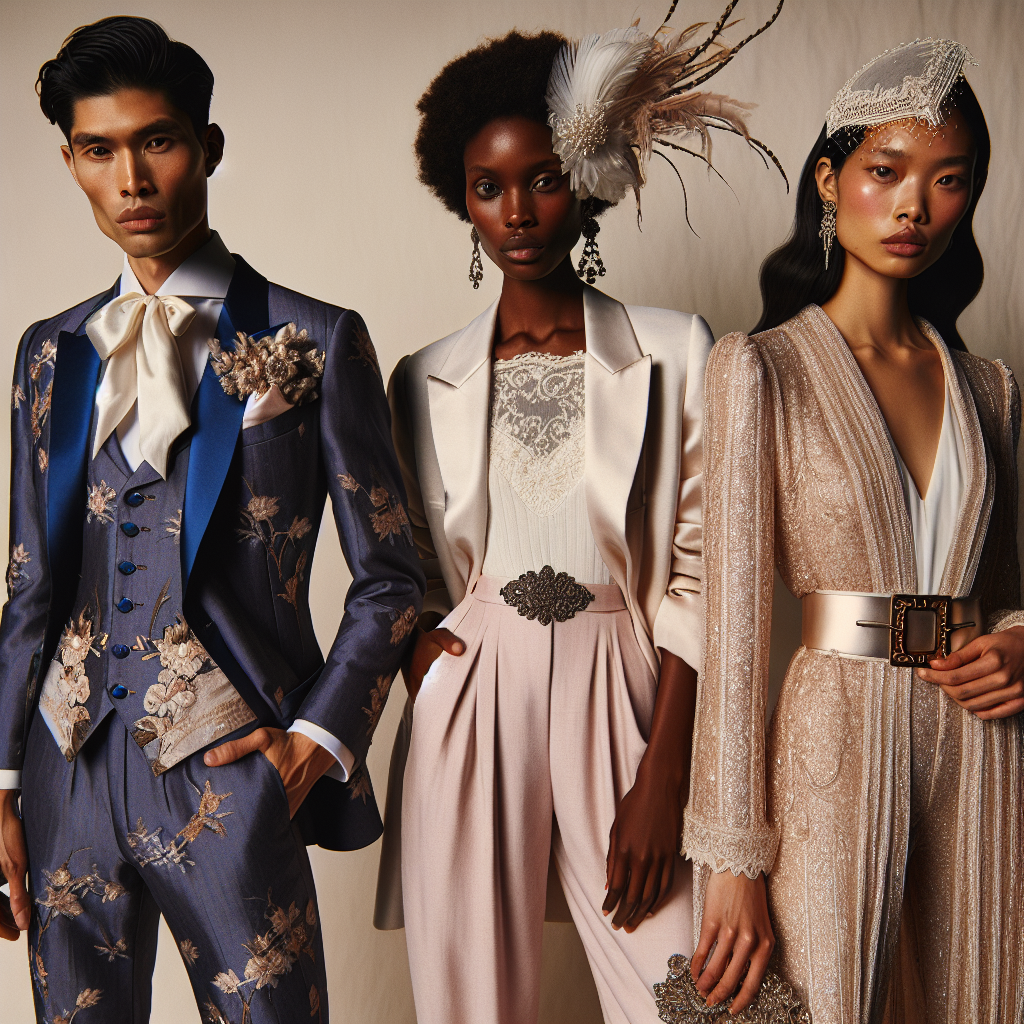 Wedding Attire Alternatives: Effortless Must-Haves Create a poignant image capturing the essence of alternative wedding attire. Starting with an Asian man in an elegant deep-blue suit with floral patterns, paired with a pearl white silk cravat. Beside him, a Black woman dons a delicate blush pink pantsuit with a high-waisted belt, adorned with intricate silver embroidery. Her white top boasts a delicate lace finish. Thinking outside of the traditional, an Arabian woman is seen wearing a glamorous gold sequined jumpsuit with a flowing attached cape. All three, hold a variety of accessories, such as feathered fascinators, vintage brooches, and statement necklaces, exemplifying the endless possibilities for non-traditional wedding attire.