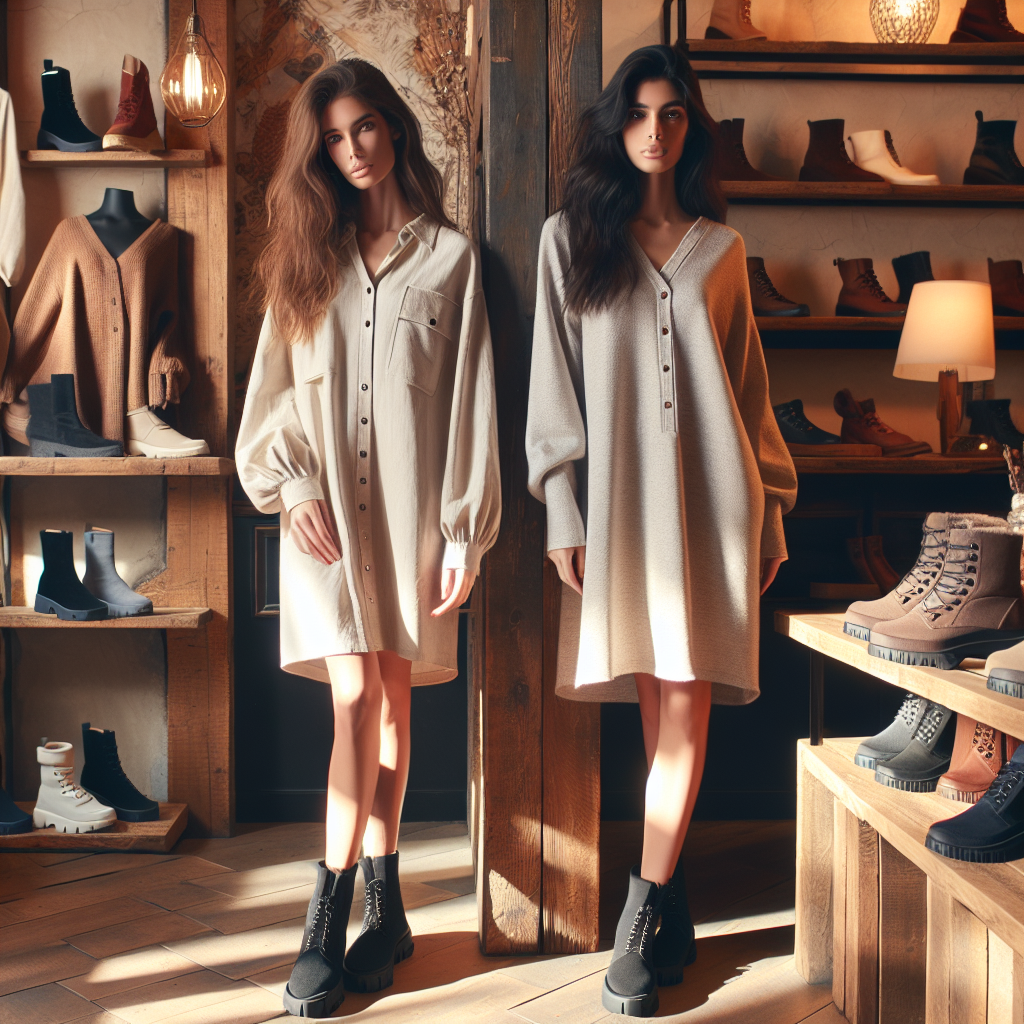 A scene of two women with contrasting descents, one Caucasian and one South Asian, standing in a cozy, well-lit boutique. Both women are wearing stylish winter shirt dresses, with long sleeves and a relaxed, yet elegant design. Their outfits are completed by a pair of boots, specifically designed for the winter season, highlighting their functionality and trendiness. The image also shows a variety of must-have winter shoes displayed on rustic wooden shelves. The ambience of the scene exudes warmth, mirroring the cozy feelings associated with wintertime fashion.