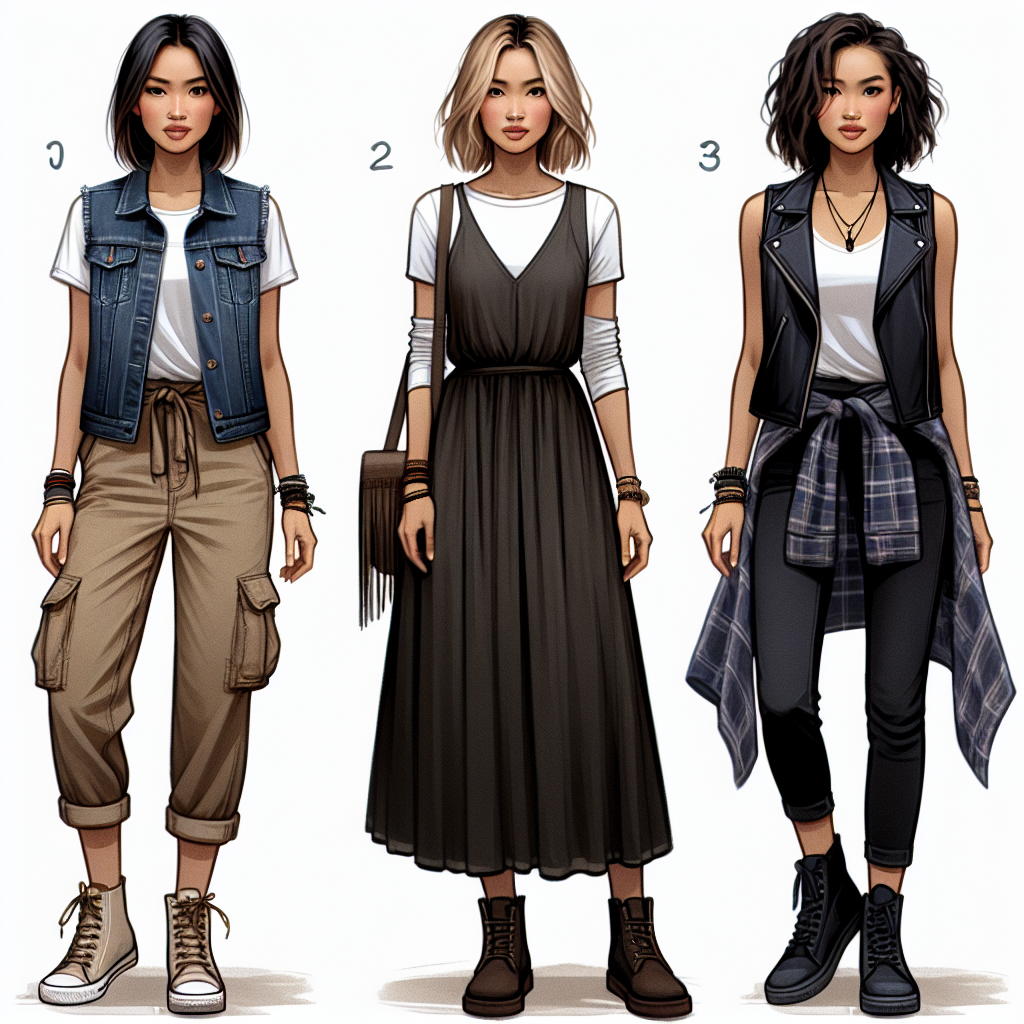 Generate an image showcasing three different casual outfit combinations for women that include vests. Scene one: a West Asian female in her 30s wearing a denim vest over a white t-shirt paired with khaki cargo pants. Scene two: a Caucasian female in her 50s wearing a long, flowy, boho-style vest over a simple black dress. Scene three: a Black female in her 20s wearing a leather vest over a flannel shirt with skinny jeans. Each outfit should be accessorized appropriately with footwear and accessories.