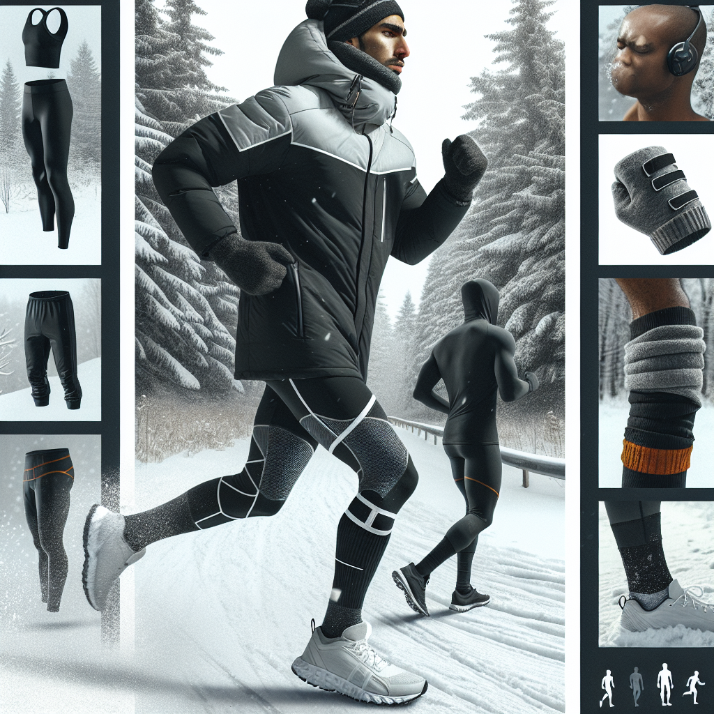 Visual concept for a comprehensive guide about winter running attire. Image to include an adult South Asian male dressed warmly in high-tech running gear such as thermal leggings, a parka designed for running, a headband covering his ears, and a pair of insulated running shoes. His breath is visible in the chilly air as he jogs briskly along a snowy forest track, his white running shoes crunching on the freshly fallen snow. An African descent female runner is also pictured, dressed in similar gear, warming up by stretching her muscles before her run.