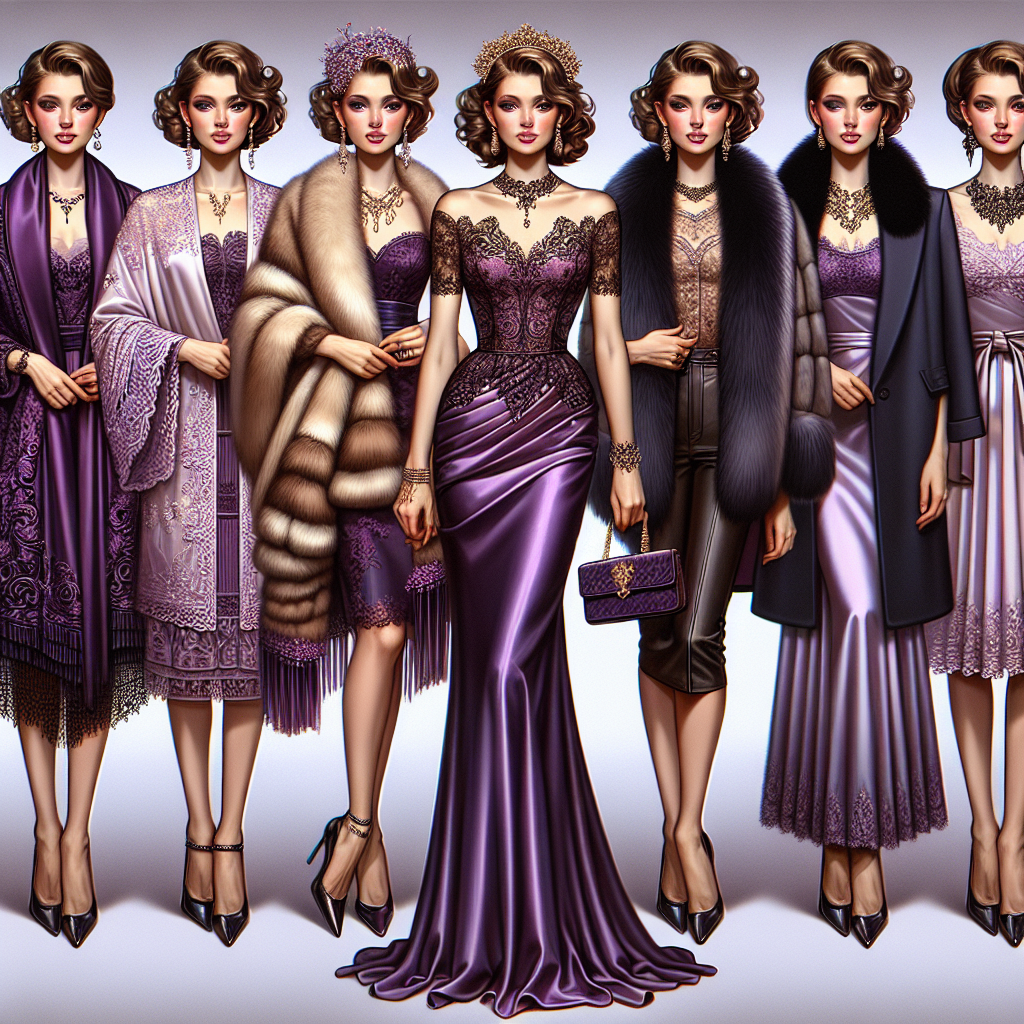 Stunning Cover-Ups for Your Purple Dress: Must-Have Elegance Generate an image to visualize a selection of stylish cover-ups in combination with a regal purple dress. The cover-ups should embody the essence of timeless elegance and may include items such as an ornate lace shawl, a decorated fur stole, a classy satin jacket, and a chic silk bomber. Each item should have unique elements but they all should harmonize wonderfully with the purple dress. The setting could be a well-lit and luxurious dressing room, hinting at the sophistication and grandeur of these cover-ups. Remember to depict a variety of human models of different descents like Caucasian, Black, Hispanic, and Asian, each showcasing a different cover-up.