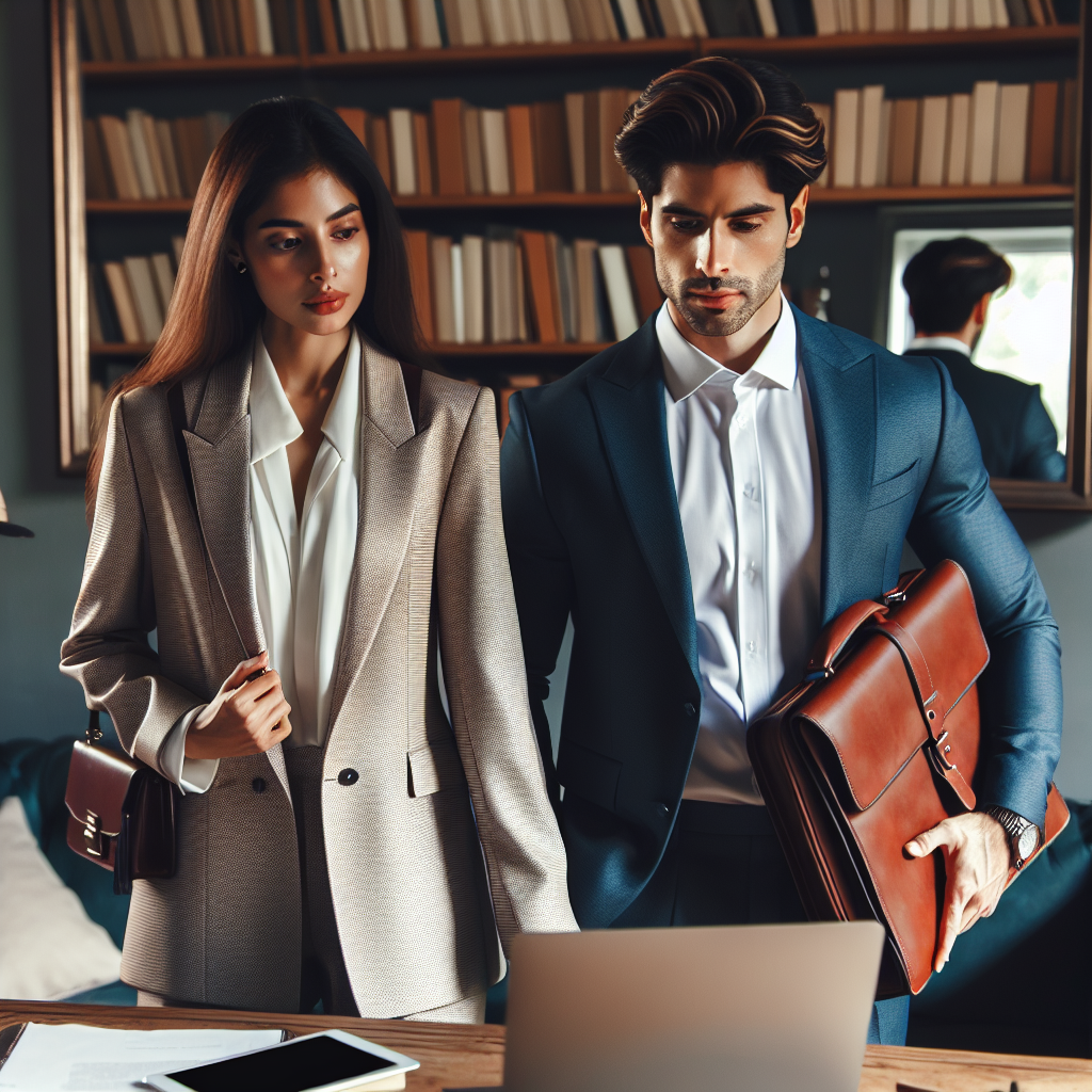 What to Wear for a Teacher Interview: Effortless Guide A well-dressed South Asian woman and a smartly attired Middle-Eastern man preparing for a teacher interview. They are studying in a room filled with books. The woman is wearing a smart, subtle-colored suit with a matching handbag, while the man is donned in a crisp, white shirt under a navy blue blazer holding a leather portfolio. Both are looking at a laptop on a wooden desk, which has a guide on 'What to Wear for a Teacher Interview'. There's a mirror reflecting their image, portraying their confidence and preparedness.