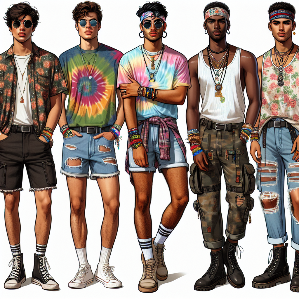 Must-Have Festival Outfits for Guys: Effortless Style A visual guide to must-have festival outfits for guys, showcasing effortless style. In the center, a young Middle-Eastern man is looking confident in a tie-dye T-shirt, distressed denim shorts, and classic white sneakers. To the left, a South Asian man is sporting a colorful Hawaiian shirt, ripped jeans, and strappy sandals. On the right, a Black man styles a tank top with tribal prints, cargo pants, and combat boots. Each individual is accessorizing with sunglasses, layered necklaces, wristbands, and caps, embodying the spirit of music festivals.