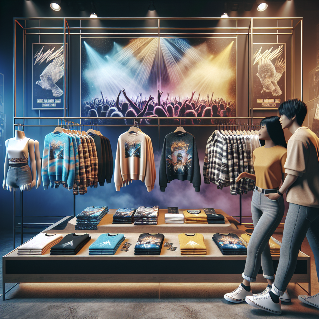 Imagine a scene at a clothing store displaying a collection of trendy tops suitable for a concert by a popular rock band. These include various styles like graphic tees with abstract patterns, lightweight flannel shirts, breathable cotton tank tops, and trendy concert merchandise. The display scene is lit with ambient mood lighting, and there are concert posters in the background. An Asian man and a black woman attend the store, enthusiastically exploring the collection. Include hues of blue and yellow in the image to reflect the band's iconic album art.