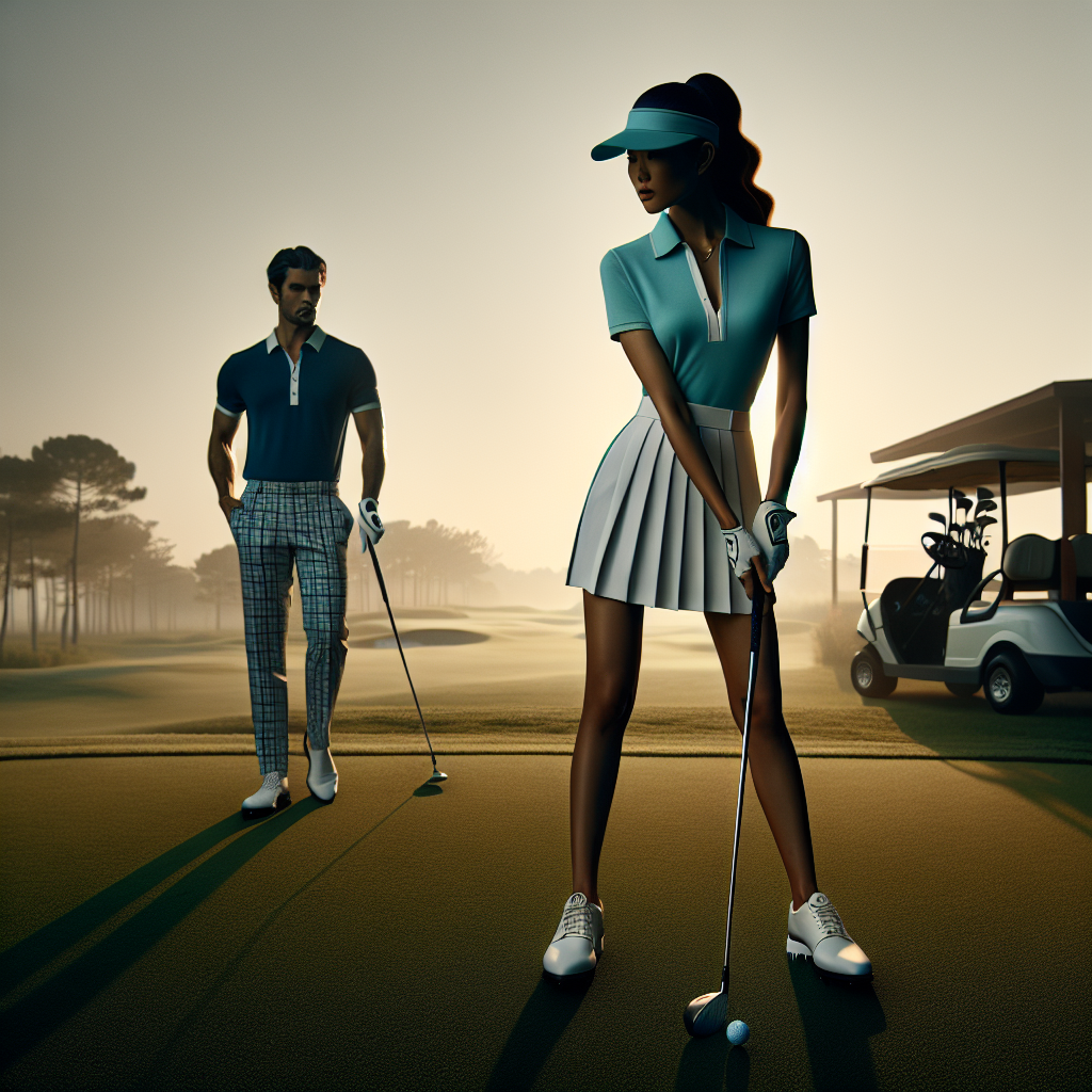 Must-Have Golf Outfits for a Stylish Game Visualize a fashion-forward golf scenario. Picture a course lit in the warm light of a late afternoon. In the foreground, a female golfer of South Asian descent is preparing to take a shot. She's wearing a trendy golf outfit: a vibrant aqua polo shirt, white skirt, matching gloves, stylish visor, and state-of-the-art golf shoes. She is confidently holding a golf club, her silhouetted figure contrasting with the lush green course. In the background, a Caucasian male, neatly dressed in a crisp navy polo shirt paired with traditional plaid trousers and a sleek golf cap, observes her swing intently.