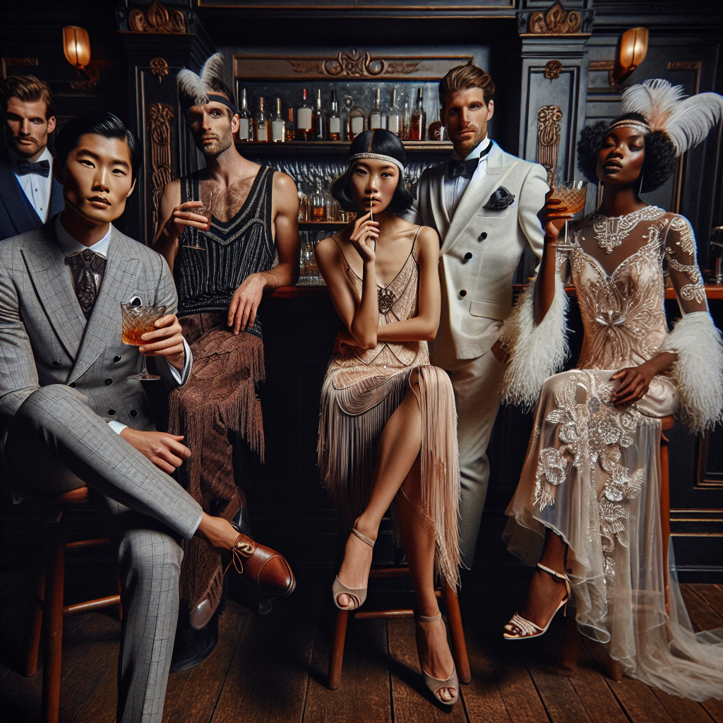Speakeasy Style Guide: Discover Your Stunning Look Visualize a diverse group of stylish individuals positioned in a 1920s speakeasy setting. The first individual, a East Asian man, is dressed in a classic double-breasted suit, sporting a sleek hairstyle. The second individual, a Hispanic woman, is wearing an elegant beaded flapper dress adorned with feathers. Sitting on a wooden bar stool, a Middle Eastern man in a crisp white linen suit sips a whiskey cocktail. Lastly, a Black woman, in an exquisite chiffon gown with intricate lace details, is elegantly raising a glass of champagne. All are surrounded by vintage speakeasy features such as dark wood, brass accents, dim lighting, and classic jazz instruments.