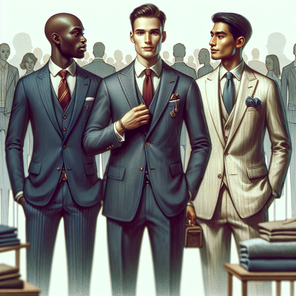Visionary depiction of a career fair where three men dressed in different professional styles are confidently interacting. The first man, a Black gentleman, is dressed in a well-tailored navy suit with a red tie. The second man, a Caucasian man, wears a stylish grey blazer on a white shirt, paired with black trousers. The third man, a South Asian, is wearing a cream-colored linen suit with a light blue shirt underneath. Fashion accessories like tie clips and pocket squares are subtly highlighted. Emphasize the atmosphere as bustling and optimistic.