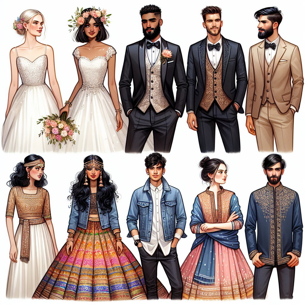Stunning Wedding Outfits with Jean Vests: Must-See Styles Create a variety of stylish wedding outfits incorporating jean vests. Imagine a Caucasian bride adorning her white gown with a folded-sleeve jean vest, flowers interwoven in her blonde hair. Visualize a Black groom pairing his sleek black tuxedo with a dark-washed jean vest, his short curls perfected with a touch of elegance. Imagine a South Asian bridesmaid in colorful lehenga, paired with a light-washed, embroidered jean vest, her thick black hair tied in a traditional braid. Lastly, depict a Middle-Eastern groomsman in a beige suit contrasting with a stone-washed jean vest, his beard neatly groomed.