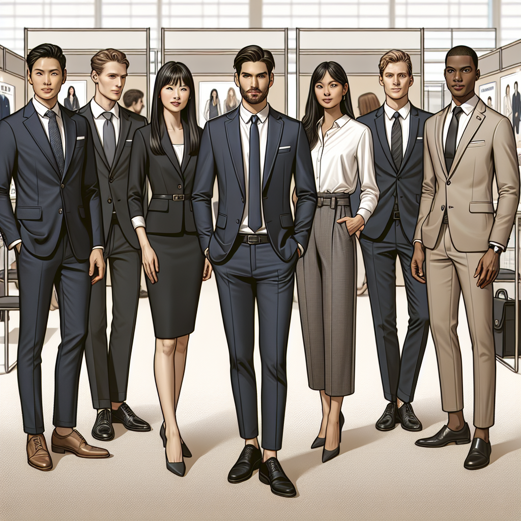 Visualize a diverse range of professional attire suitable for a job fair. Show a South Asian man in a well-tailored navy suit, an east Asian woman in an elegant black business dress, a Middle-Eastern man in grey formal trousers and a crisp white shirt, a Hispanic woman in a sleek skirt suit, a Black woman in a sophisticated business jumpsuit, and a Caucasian man in a sharp beige suit. Display these individuals in a traditional job fair set-up, with booths for various industries in the background.