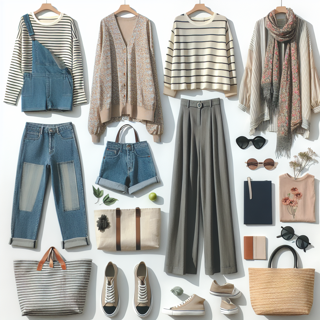 Create an image featuring a fashion board displaying chic travel outfits inspired by modern Japanese fashion. The board should include a variety of clothing pieces such as a striped long-sleeve shirt, denim shorts, loose-layered tunic, slim-fit trousers, and a floral scarf. To complement the outfits, there should also be accessories like oversized sunglasses, a simple black tote bag, and canvas sneakers. Colors should be a mix of neutral tones and soft pastels. Each outfit on the board should mirror the essence of effortless chic and suit a variety of activities one might engage in while travelling Japan.