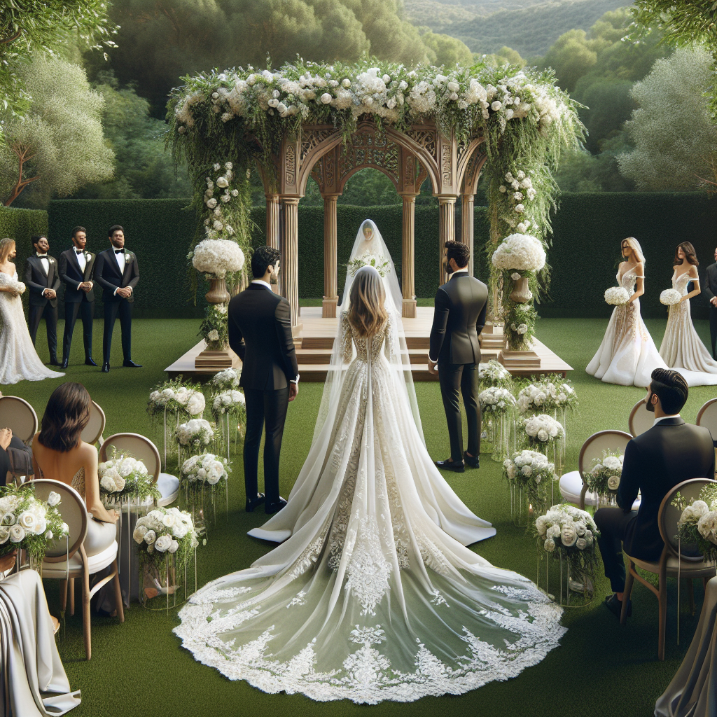 Imagine a serene outdoor setting designed for a formal wedding. In the center, a wooden altar decorated with elegant white flowers and green vines stands, surrounded by rows of pristine white chairs against a lush, verdant backdrop. A Middle-Eastern groom in a tailored black tuxedo awaits at the altar, a sentimental smile on his face. A few meters away, a bride of Hispanic descent, in a flowing white satin gown embellished with intricate lace patterns, adjusting her lace-edged veil while holding a bouquet of white roses. Over to the side, wedding guests, men in chic dark suits and women in various stylish, formal dresses of different descent mingle, laughter and chitchat fill the air.