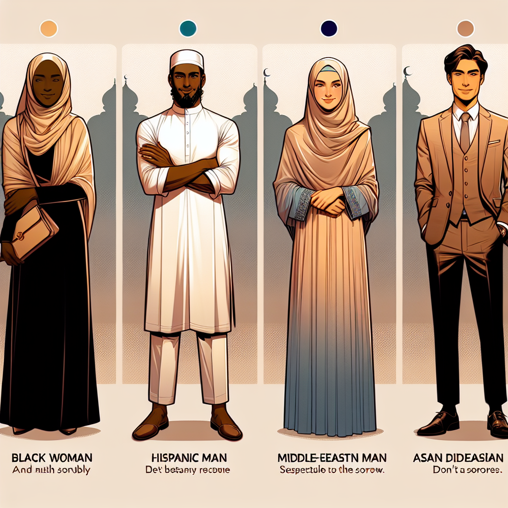 This image is to illustrate the concept of elegant and respectful attire suitable for Muslim funerals. Depict four individuals of varying genders and descents: a black woman, a Hispanic man, a Middle-Eastern woman, and an Asian man. Their age should range from youthful to elderly. Each individual should be elegantly dressed in traditional Muslim funeral attire which is usually modest and simple. They could be wearing attires such as kurtas, hijabs, and other accessories respectful to the occasion. Don't display any sorrow but let the attention be mainly on the outfits. Use soft, solemn colours and maintain an atmosphere of reverence.