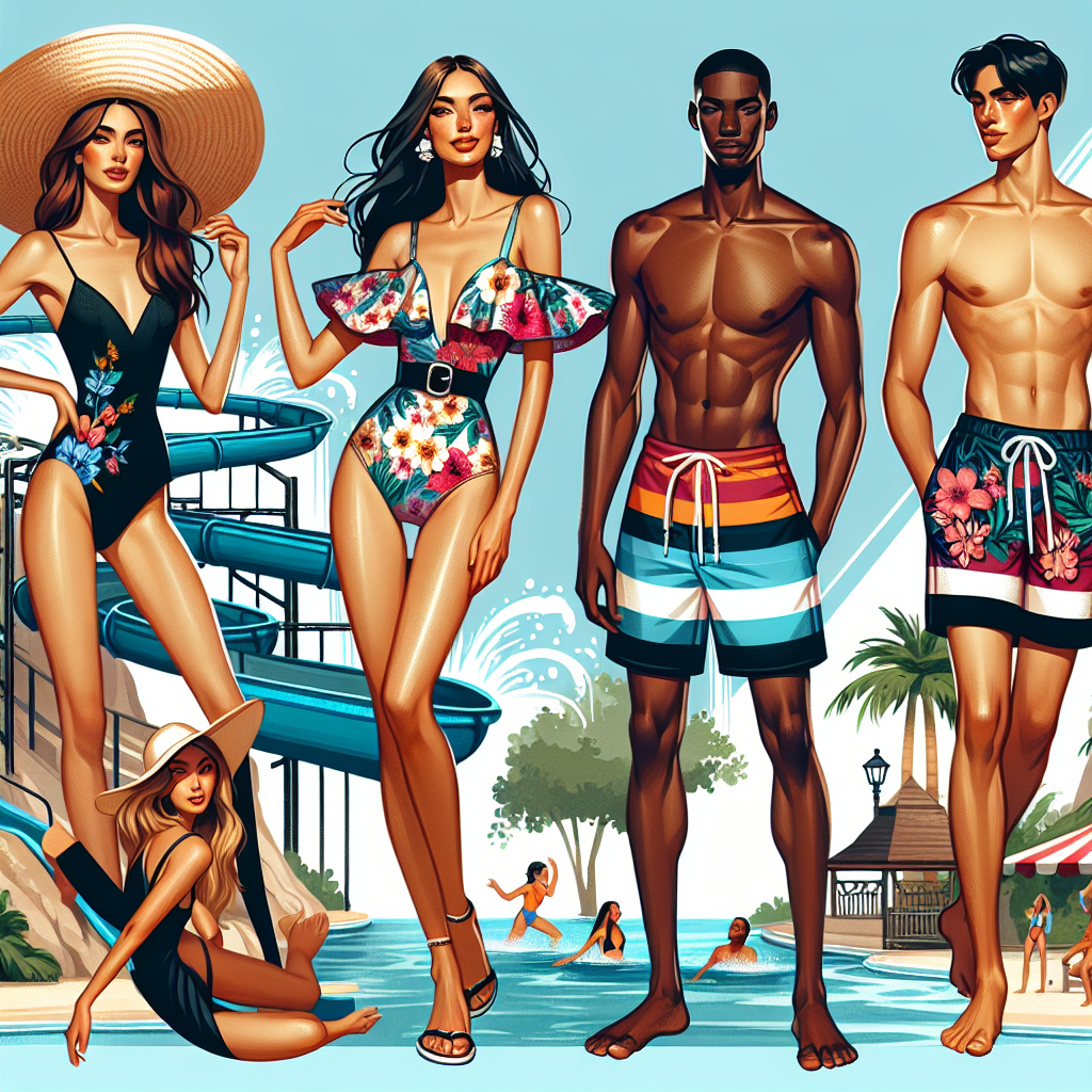 Waterpark Style Guide: Stunning & Effortless Looks! Create an image depicting a lively waterpark scene that serves as a style guide. Show a diverse set of women and men flaunting their waterpark attire. Illustrate a Caucasian woman in a floral-print swimsuit with a wide-brimmed straw hat, a Black man in vibrant boardshorts, an Asian woman with a chic swim dress, and a Middle-Eastern man in a sleek rash guard and swimming shorts. Include details like water slides, wave pools, and palm trees to capture the waterpark atmosphere. Each person's outfit should reflect stunning and effortless looks, perfect for summer fun!