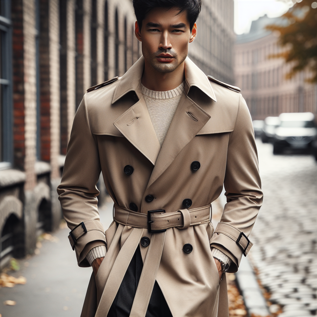 Visualize a well-dressed man, possibly of South Asian descent, modeling a stylish men's trench coat on a cool autumn day in a cityscape. The trench coat is a classic beige, falling to his knees, with a broad collar, double-breasted buttons, and a tight belt cinching at the waist. He displays an aura of effortless style, his hands tucked into the roomy pockets of the coat. His short, well-styled black hair is slightly ruffled by the wind. Expression of confidence and sophistication on his face as he walks down the cobblestone streets surrounded by old brick buildings.